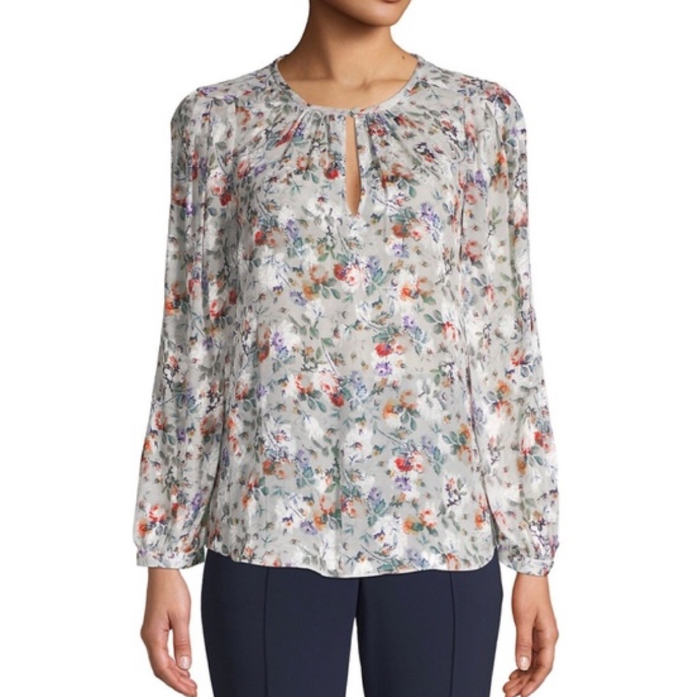 Rebecca Taylor Ivory Floral Keyhole Blouse